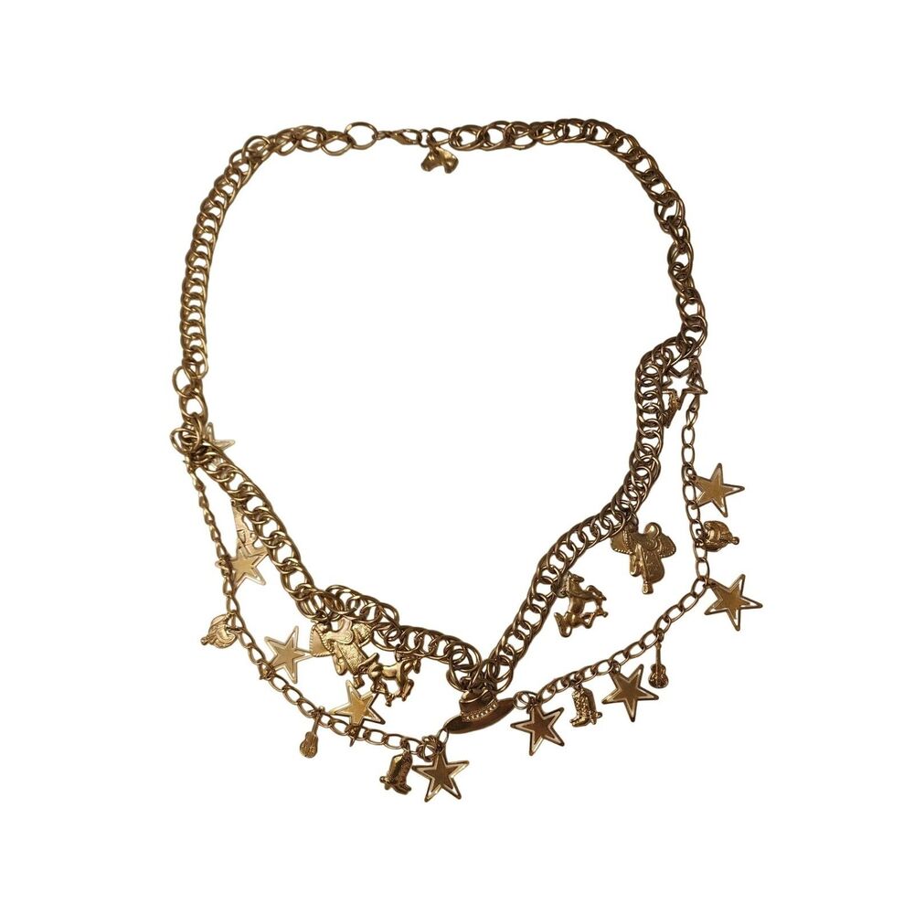 #7631 Goldtone Chain Link Texas Charms Belt Hat saddle stars 40 inch Adjustable